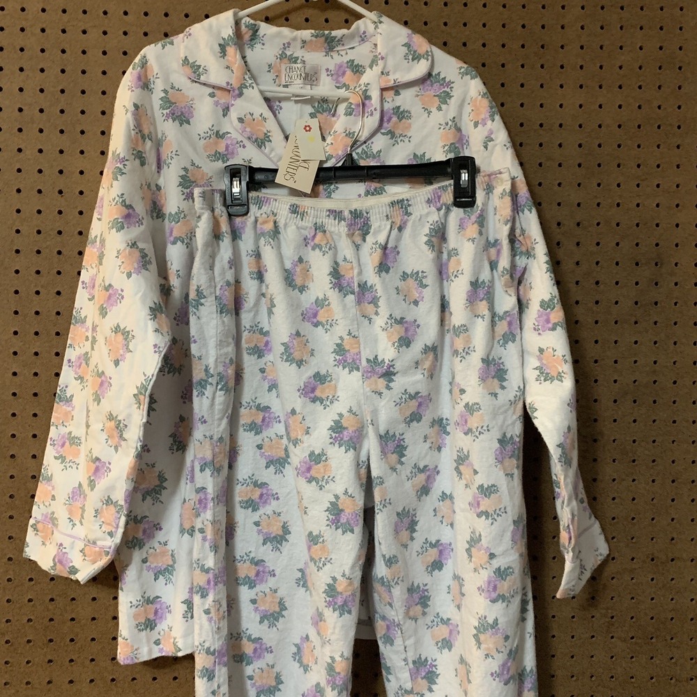 Vtg PJ Pajama Set Button Down Top Pants Floral Pastel Chance Encounters 1x 90s